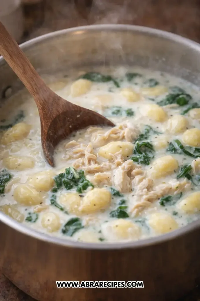Chicken gnocchi soup cooking in pot with creamy broth and gnocchi
