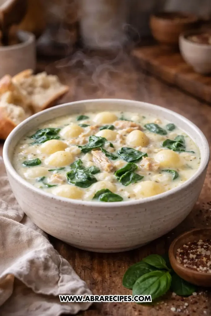 Creamy chicken gnocchi soup served warm with spinach and gnocchi