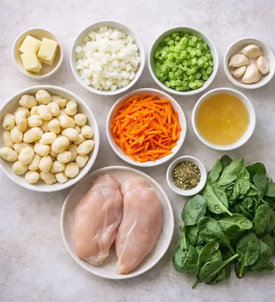 Ingredients for chicken gnocchi soup with potato gnocchi chicken and vegetables