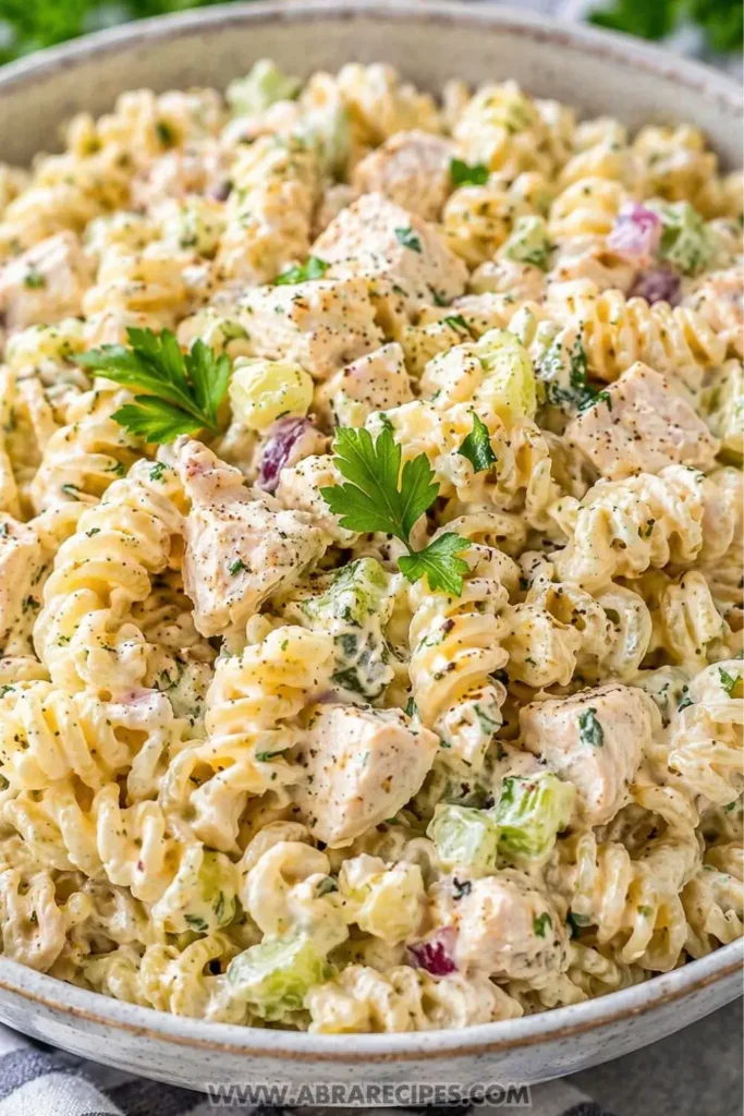 Creamy chicken pasta salad with parsley garnish