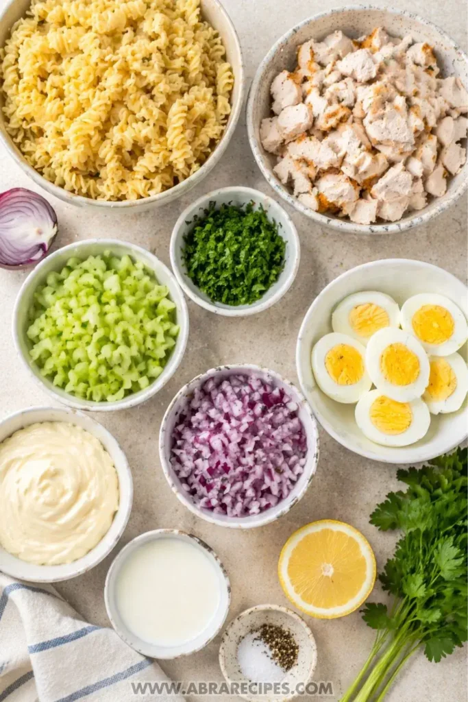 ingredients for chicken pasta salad laid out on counter