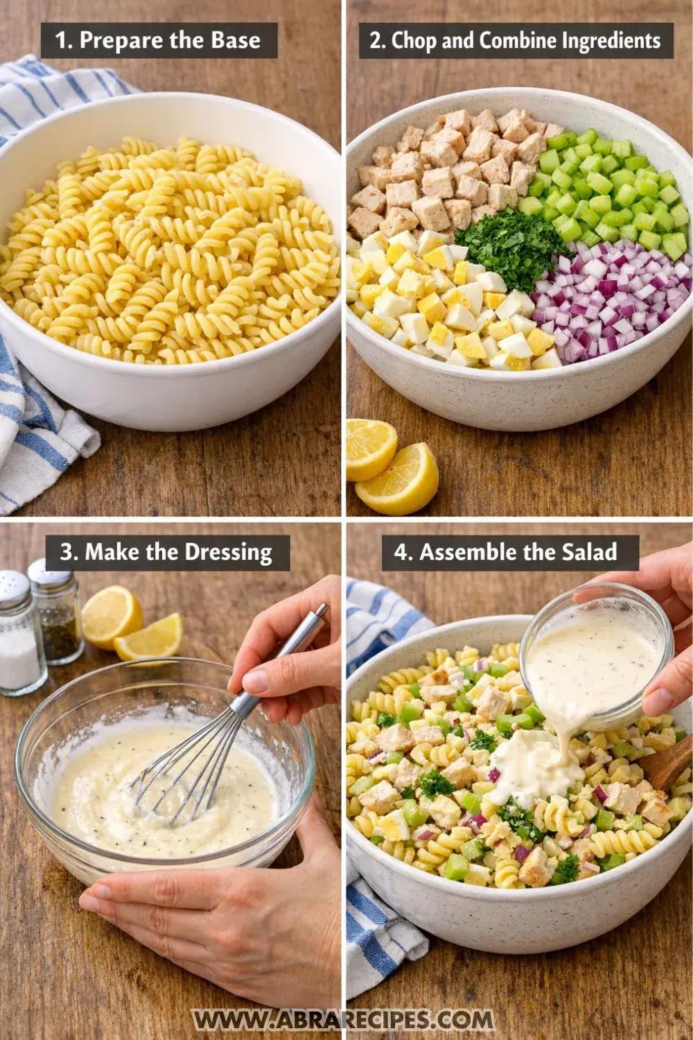 Step by step chicken pasta salad recipe showing rotini pasta chopped ingredients creamy dressing and final mixing
