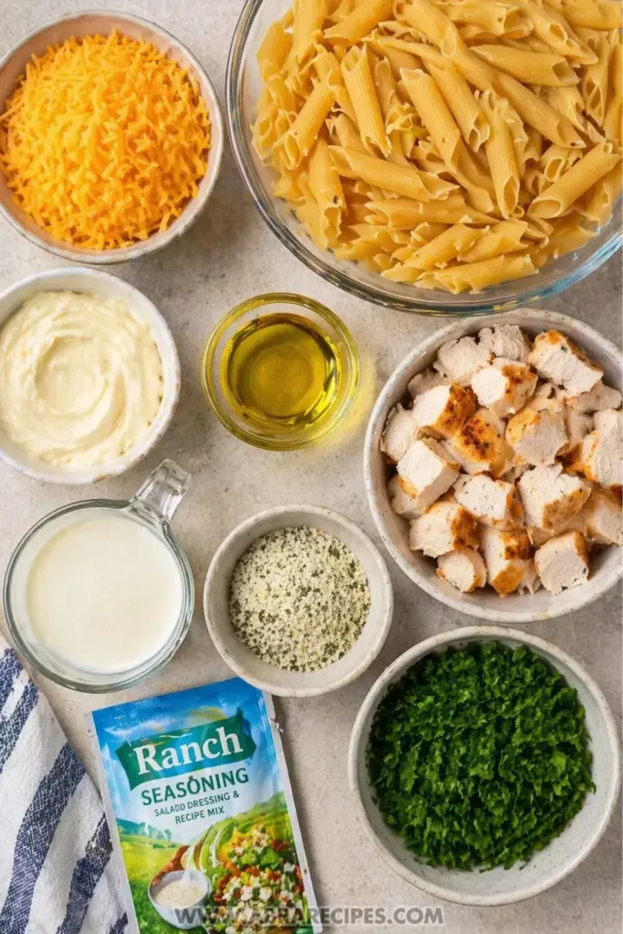 Ingredients for crack pasta salad on table