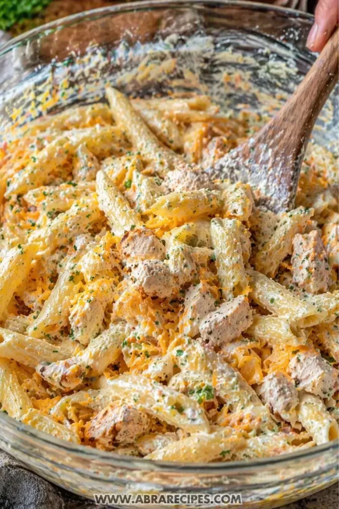 mixing creamy crack pasta salad with dressing