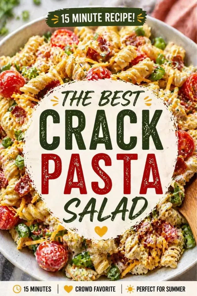 Creamy ranch chicken crack pasta salad with penne pasta, shredded cheese, and herbs