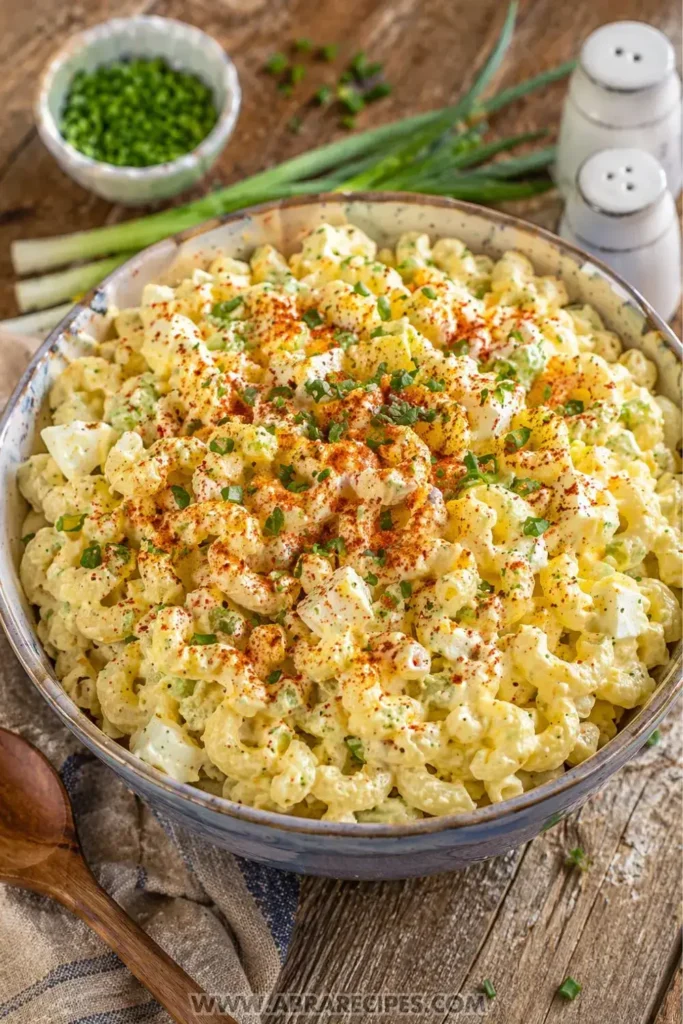 finished deviled egg pasta salad garnished with paprika and chives