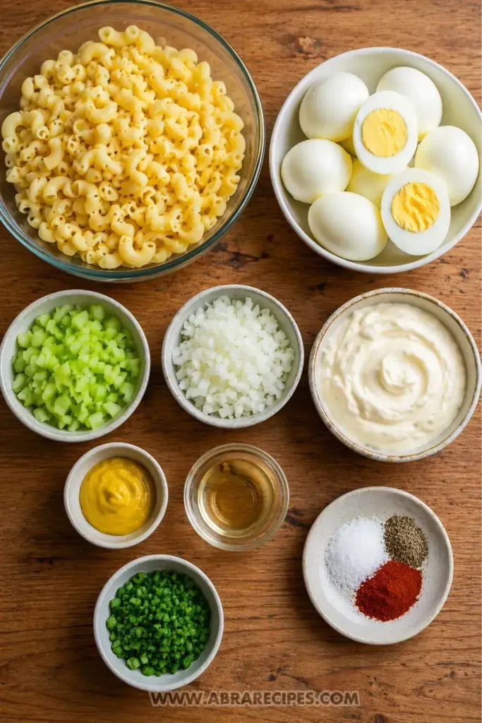 ingredients for deviled egg pasta salad laid out on table