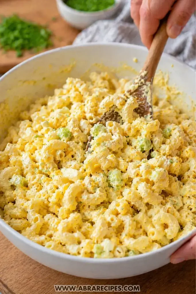 mixing deviled egg pasta salad in bowl with creamy dressing