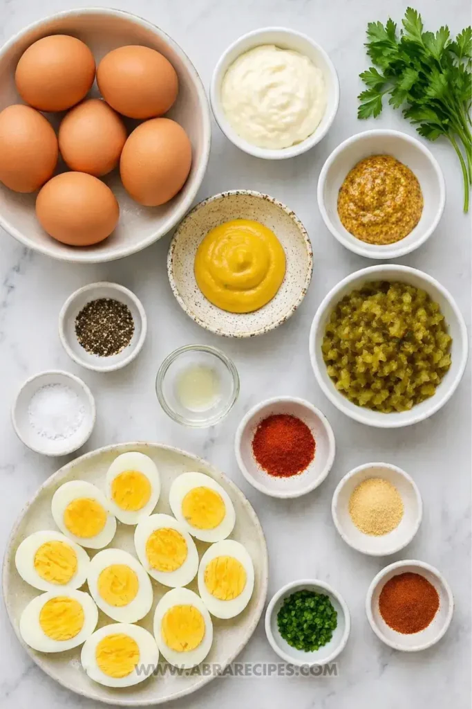 Ingredients for deviled eggs including eggs mayonnaise mustard and pickle relish