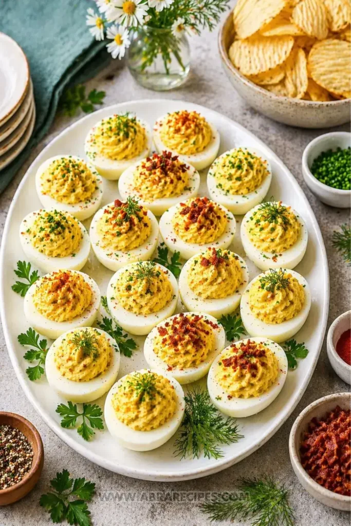 Deviled eggs served on platter with chives and paprika garnish for party