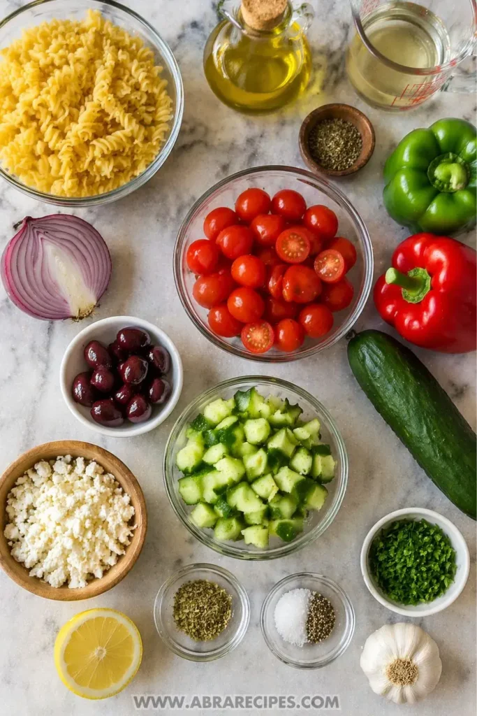 ingredients for Greek pasta salad laid out on table