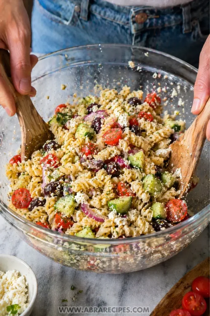 mixing pasta salad with vegetables and dressing in bowl