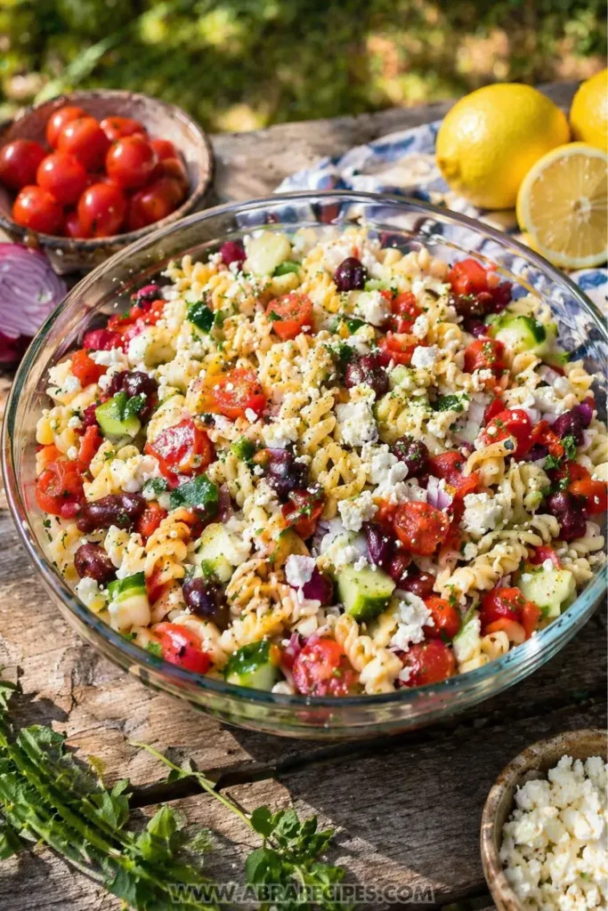 served Greek pasta salad on table ready to eat