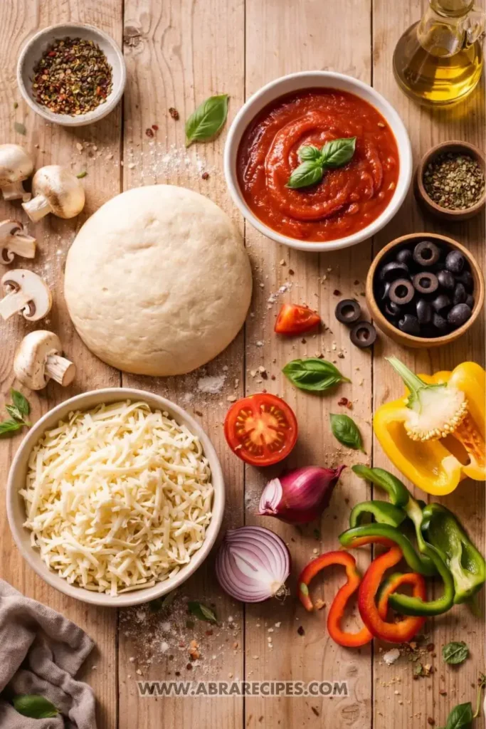 Ingredients for Heart-Shaped Pizza including dough, sauce, cheese, and vegetables