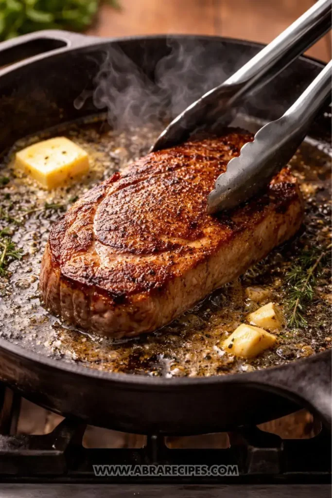 Cooking steak with cowboy butter in a cast iron skillet with garlic butter melting