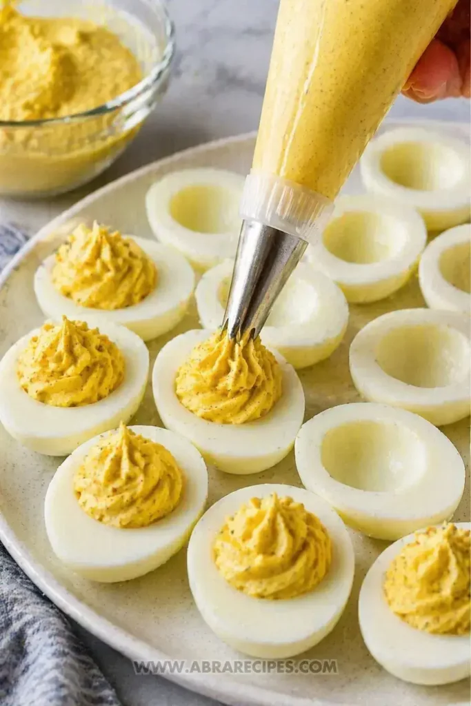 Filling deviled eggs by piping creamy yolk mixture into egg whites