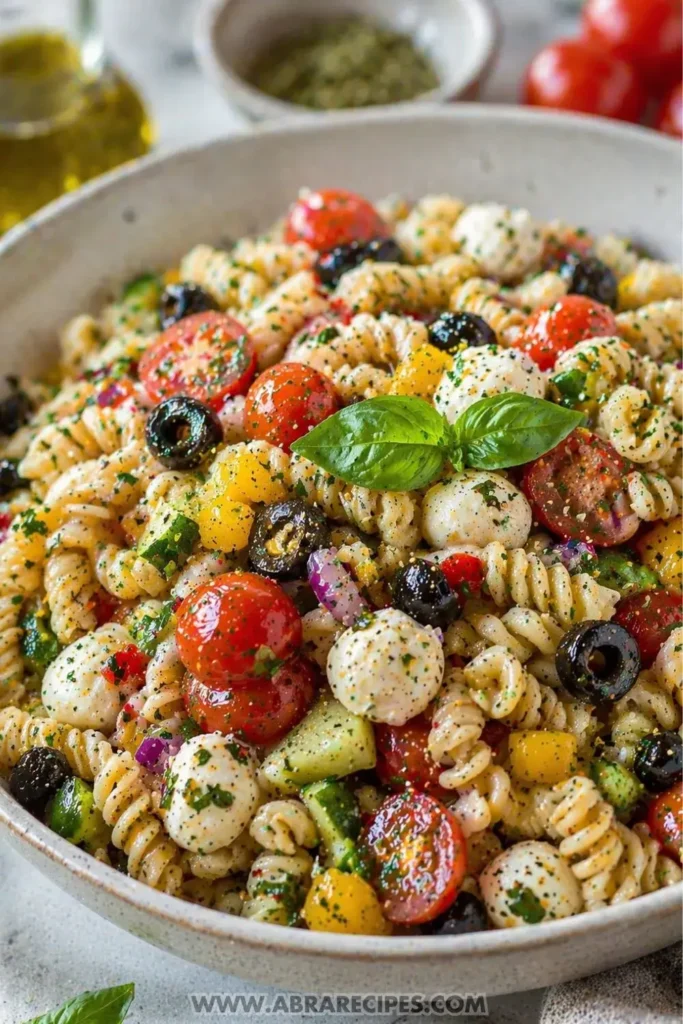finished Italian pasta salad served in a bowl with fresh herbs and dressing