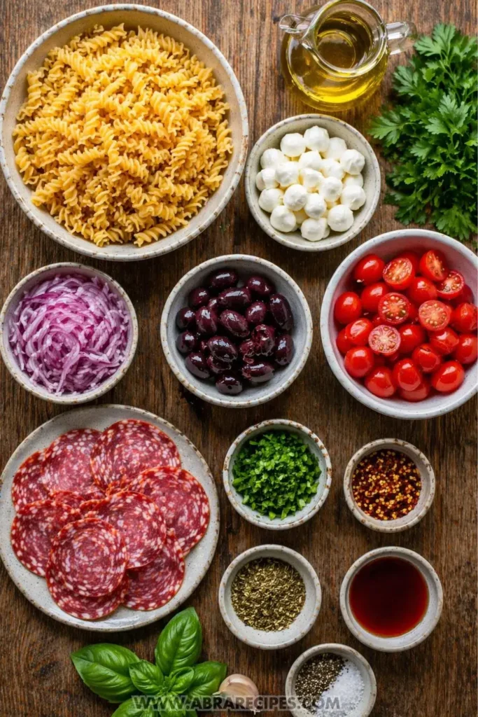 ingredients for Italian pasta salad including rotini pasta, olives, tomatoes, mozzarella, and salami