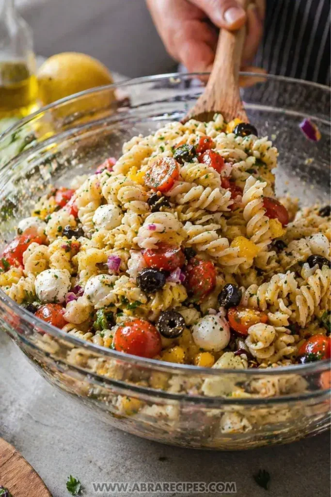 mixing pasta salad with dressing and ingredients in a large bowl