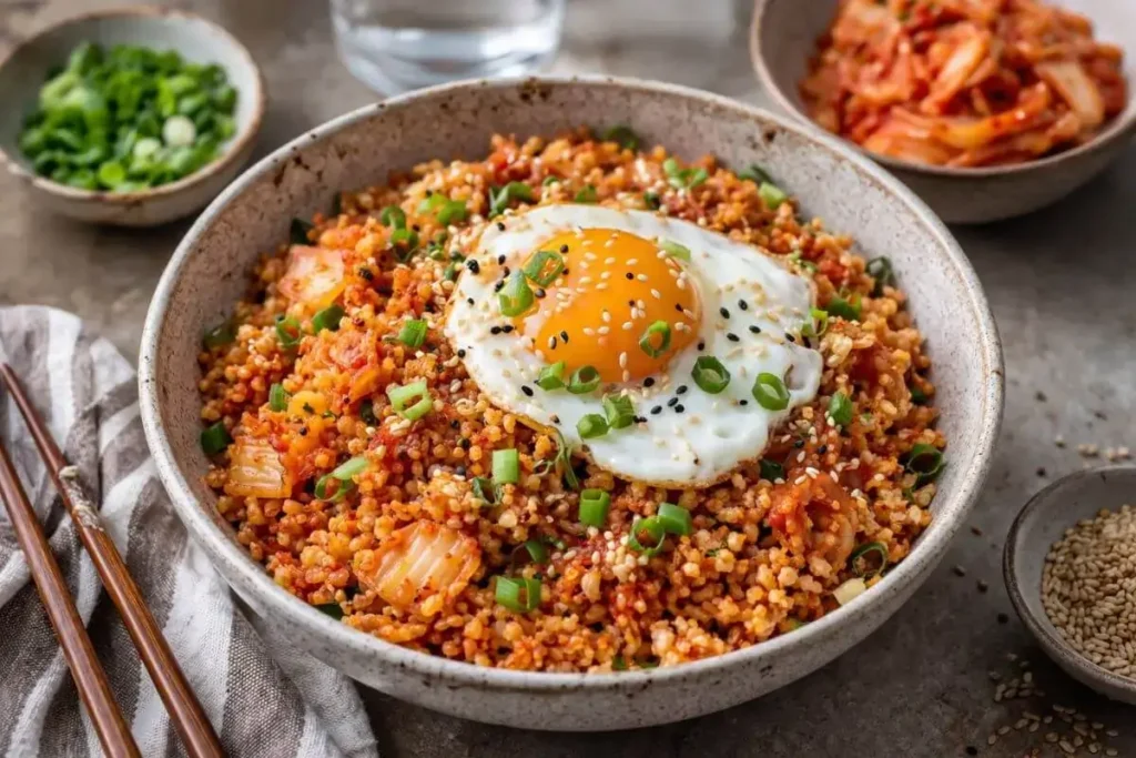 Kimchi cauliflower rice with toppings