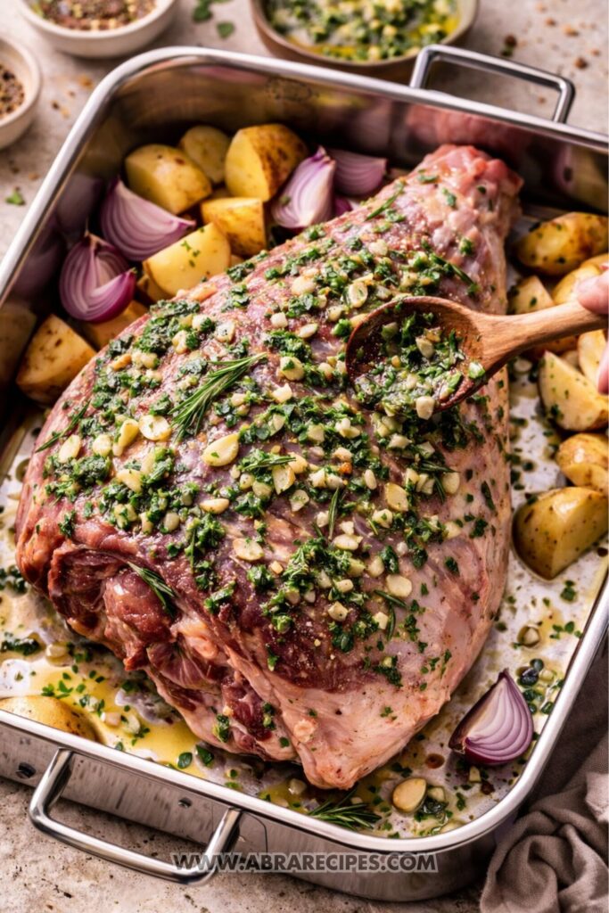 leg of lamb coated with garlic herb marinade before roasting