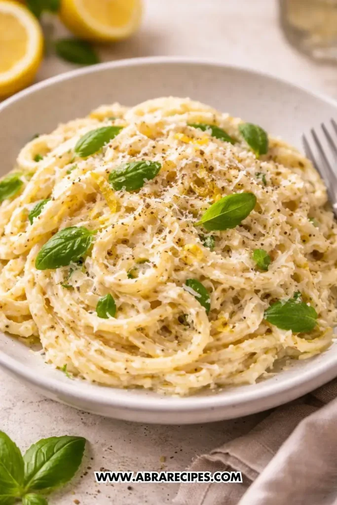 Creamy lemon ricotta pasta served with basil and parmesan