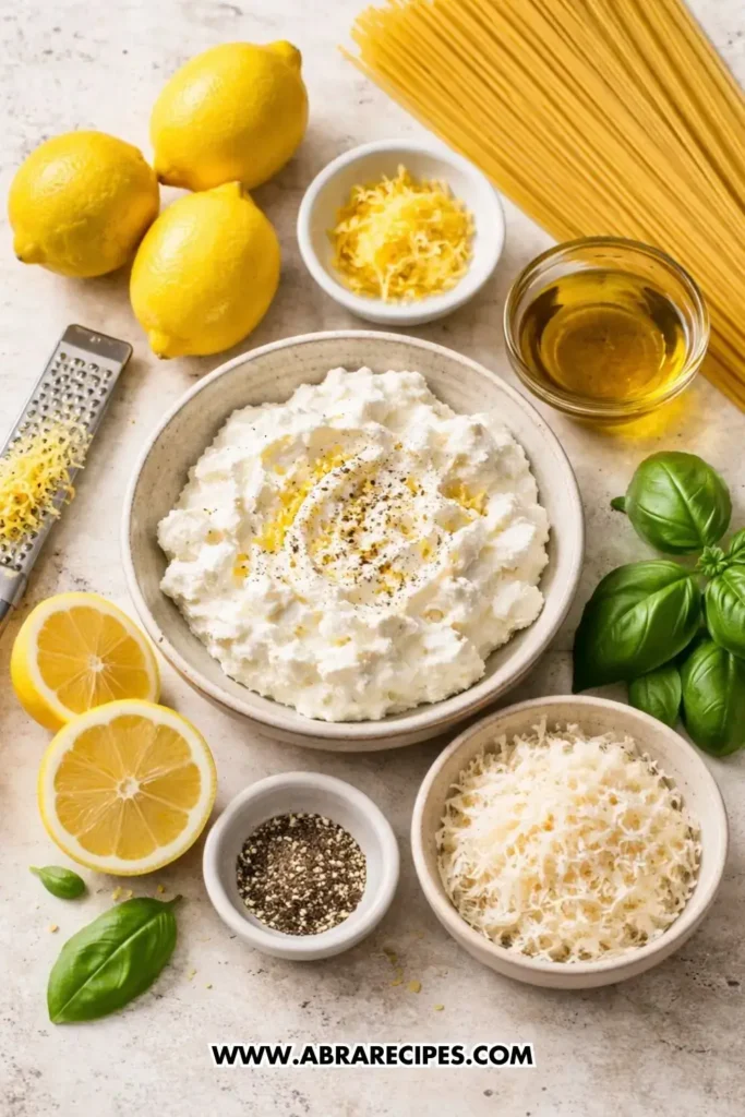 Lemon ricotta pasta ingredients with fresh ricotta, lemons, pasta, and basil