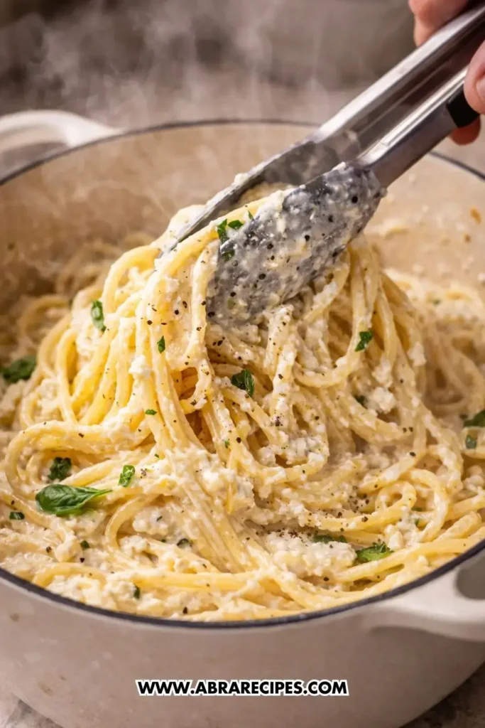 Mixing lemon ricotta pasta sauce with spaghetti in a pot
