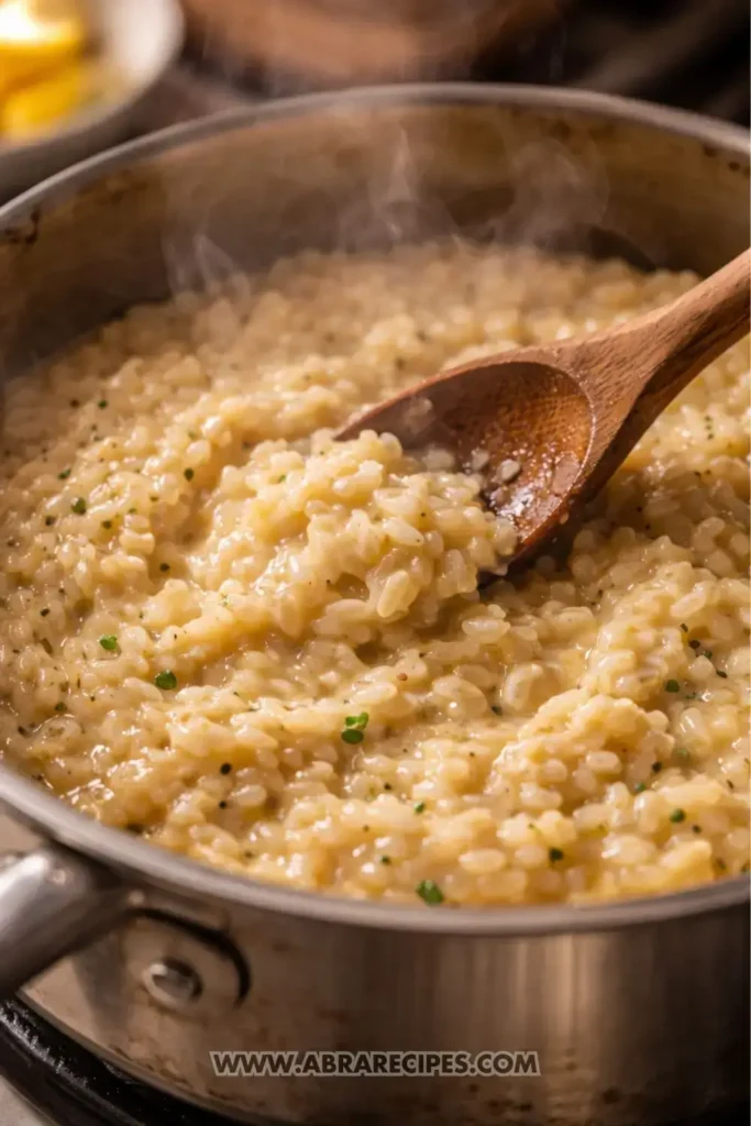 Stirring lobster risotto on the stovetop to create a creamy texture during cooking 