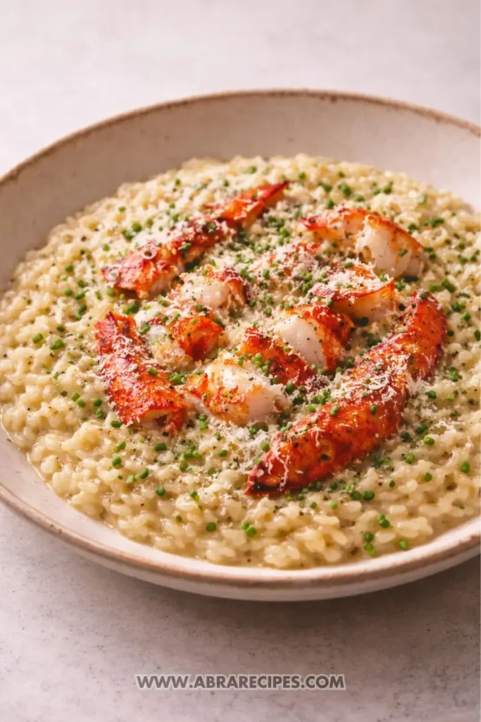 Creamy lobster risotto served in a bowl with parmesan and fresh herbs