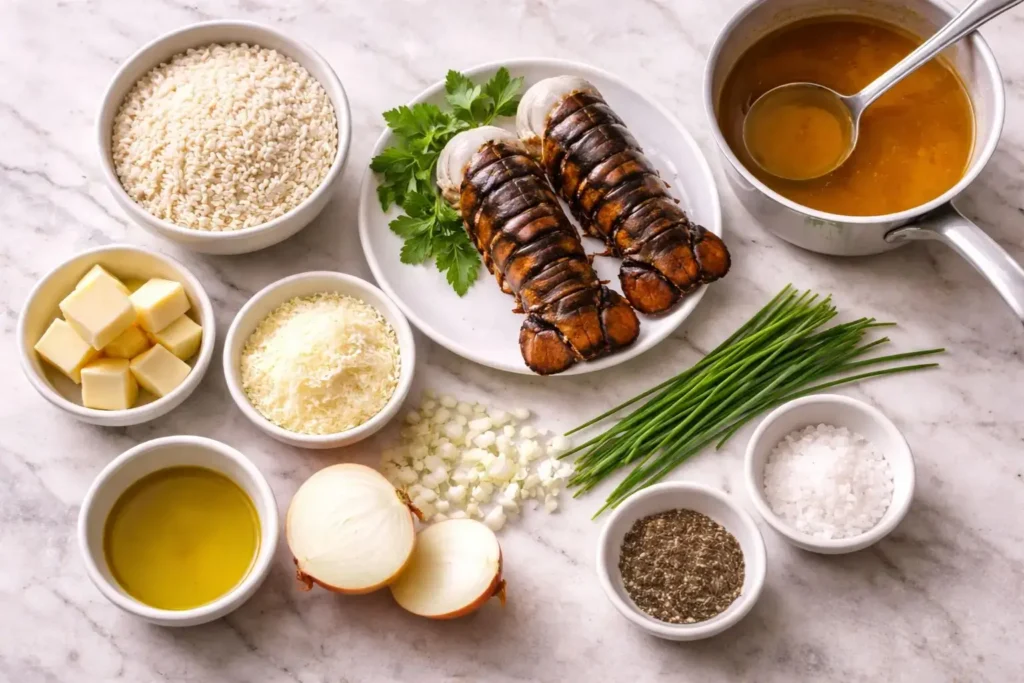 Ingredients for lobster risotto including arborio rice, lobster tails, butter, parmesan, and stock