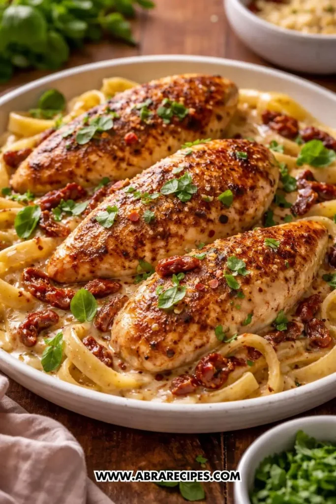 Creamy Marry Me Chicken served over pasta with parmesan sauce