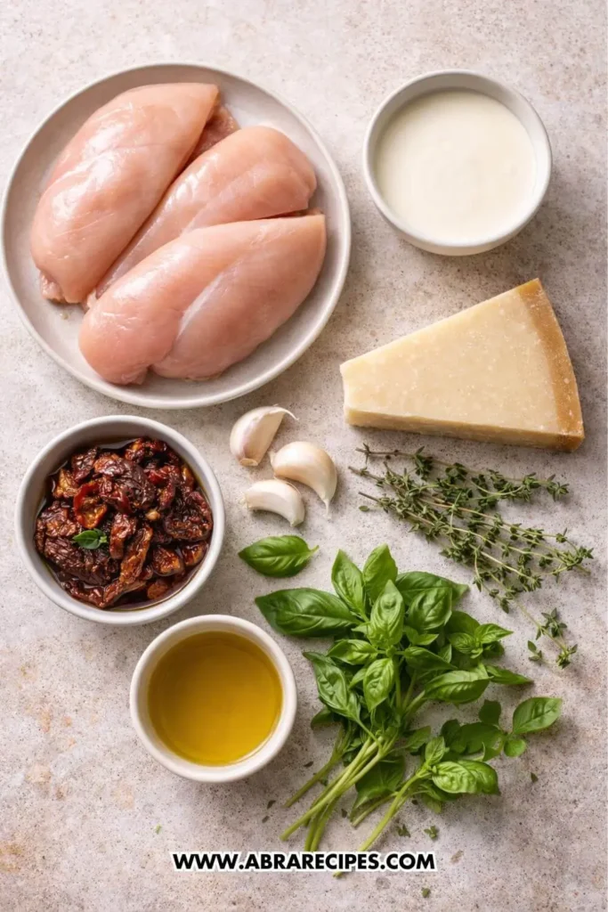Marry Me Chicken ingredients with chicken breasts, cream, parmesan, and sundried tomatoes