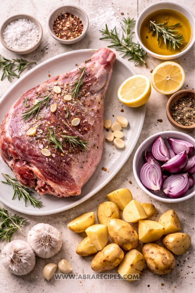 ingredients for Mediterranean roasted leg of lamb including garlic lemon herbs and potatoes