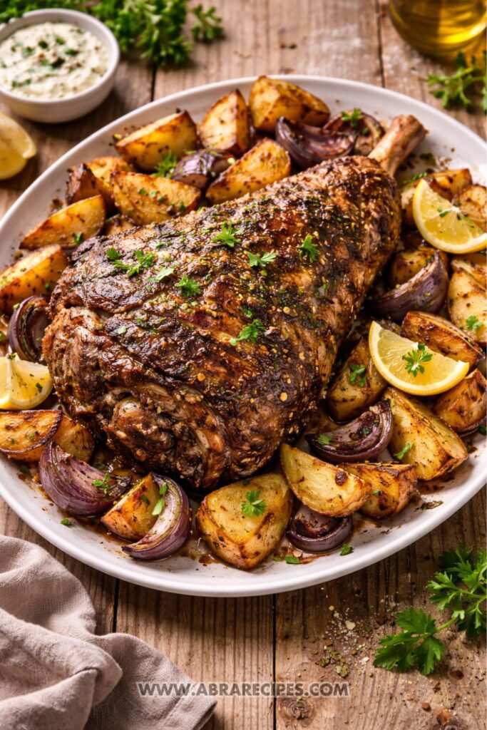 Mediterranean roasted leg of lamb with potatoes and herbs served on a rustic platter