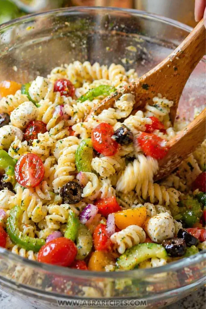 Mixing pasta salad with dressing vegetables and cheese in a bowl