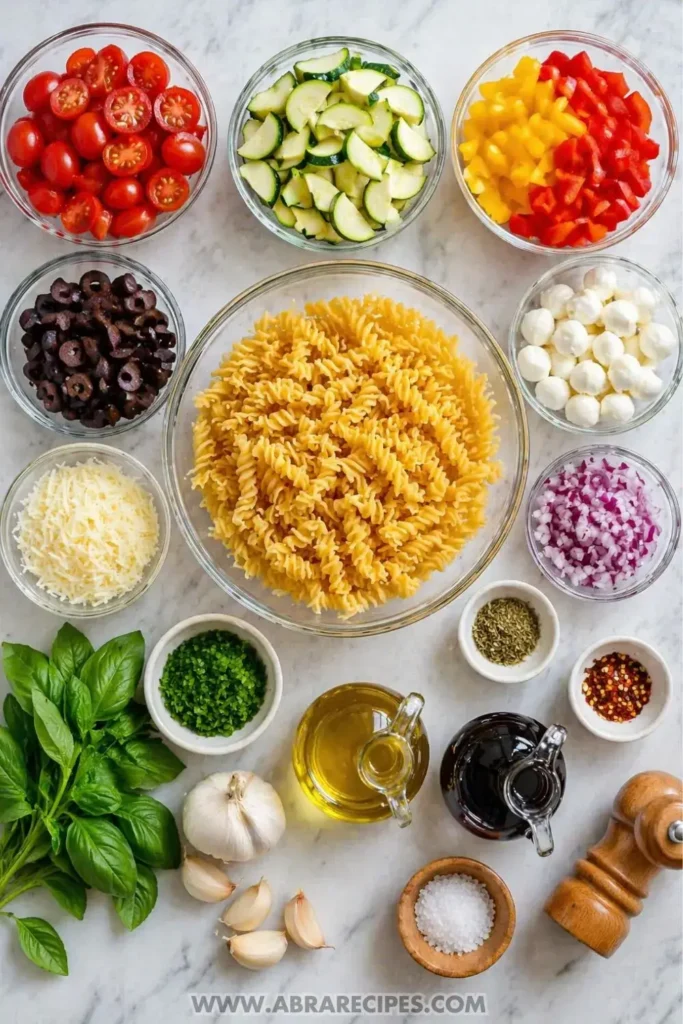 Ingredients for pasta salad including pasta vegetables cheese and dressing