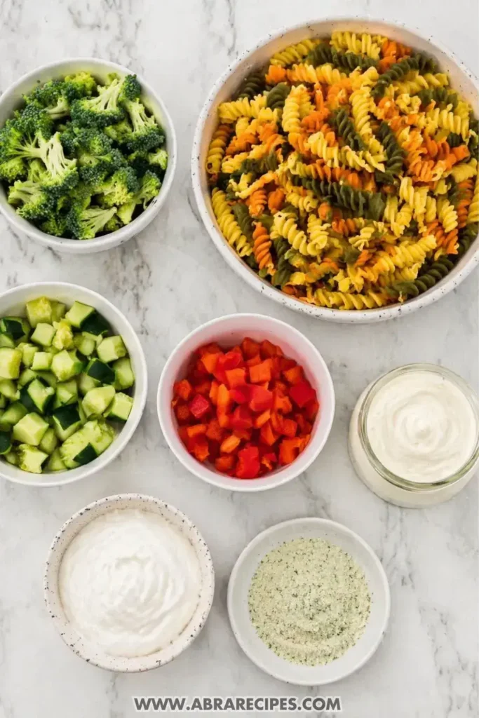 Ingredients for ranch pasta salad laid out on table