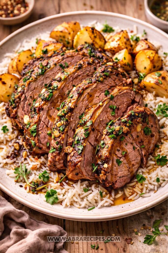 sliced Mediterranean roasted leg of lamb served with potatoes and rice