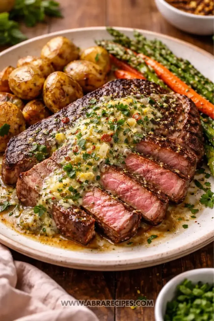 Steak with cowboy butter served with melted garlic herb butter on sliced ribeye