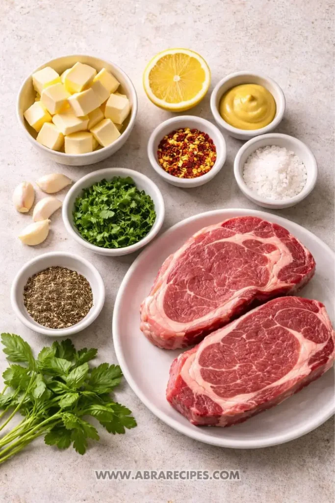 Steak with cowboy butter ingredients including ribeye steak, garlic, lemon, Dijon mustard, and fresh herbs