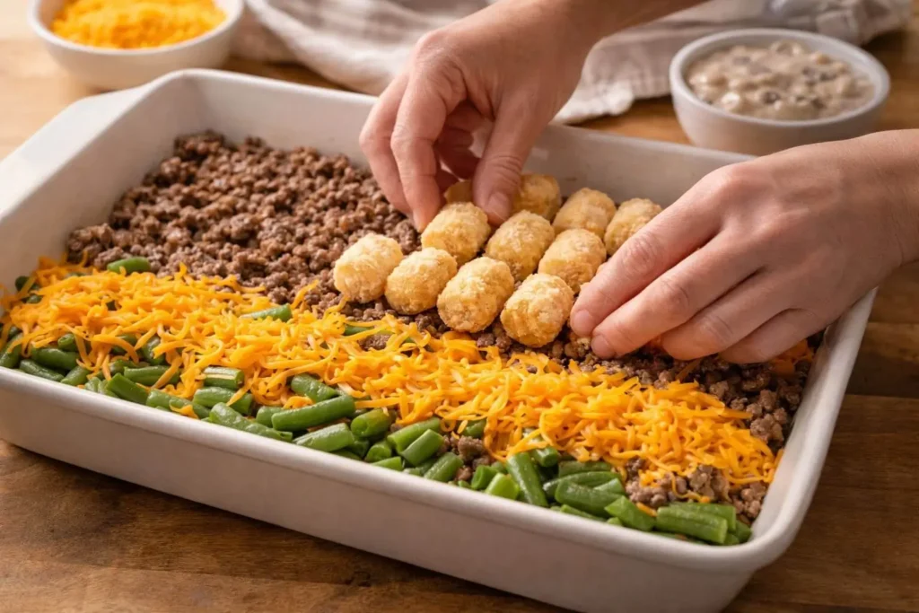 Layering Tater Tot Casserole before baking