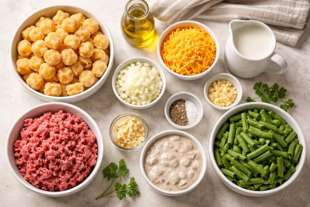 Tater Tot Casserole ingredients prepared for baking