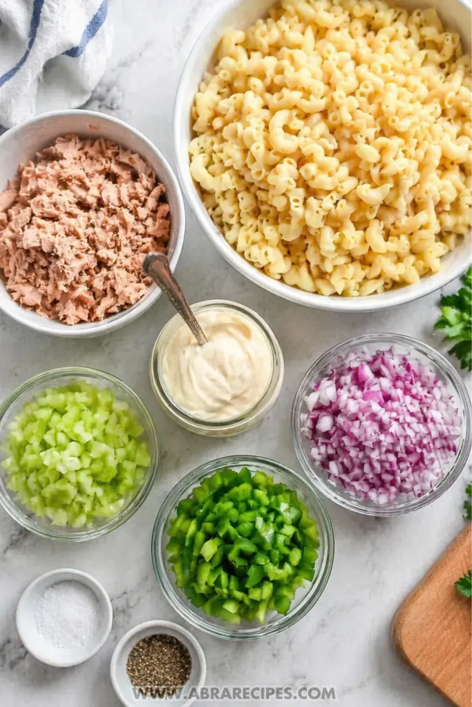 Ingredients for tuna macaroni salad including pasta tuna and vegetables