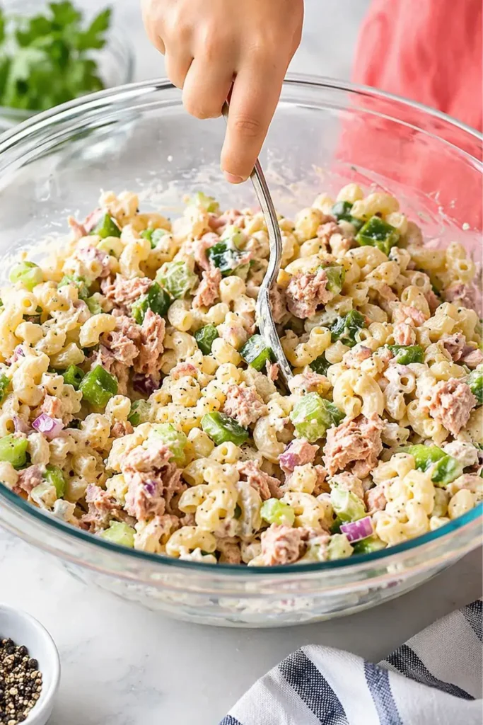 Mixing tuna macaroni salad ingredients in a bowl