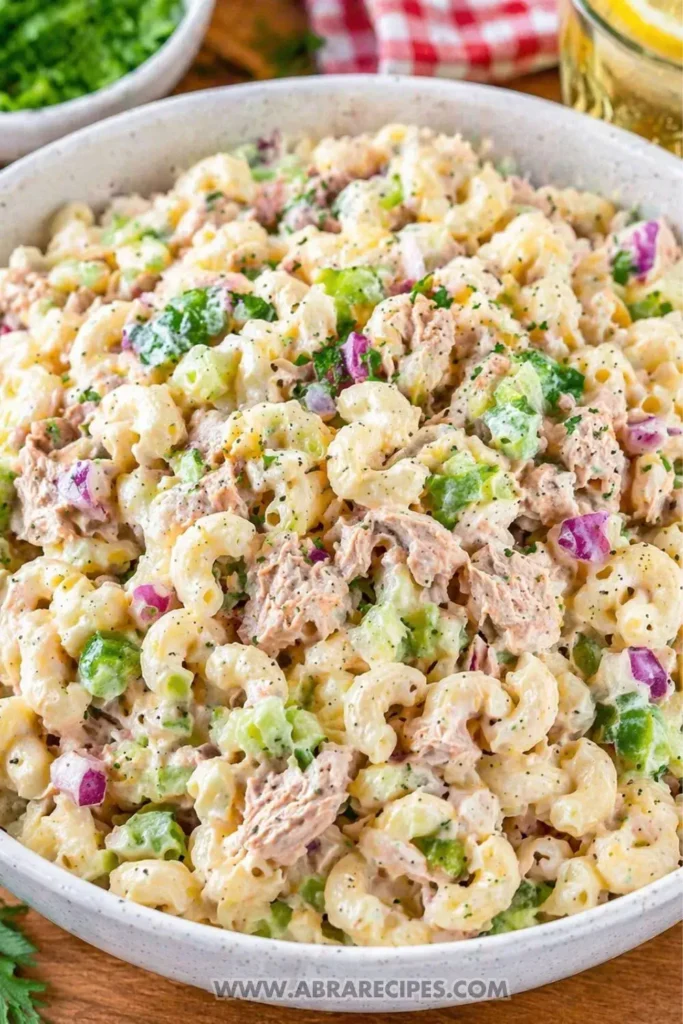 Cold tuna macaroni salad served in bowl ready to eat
