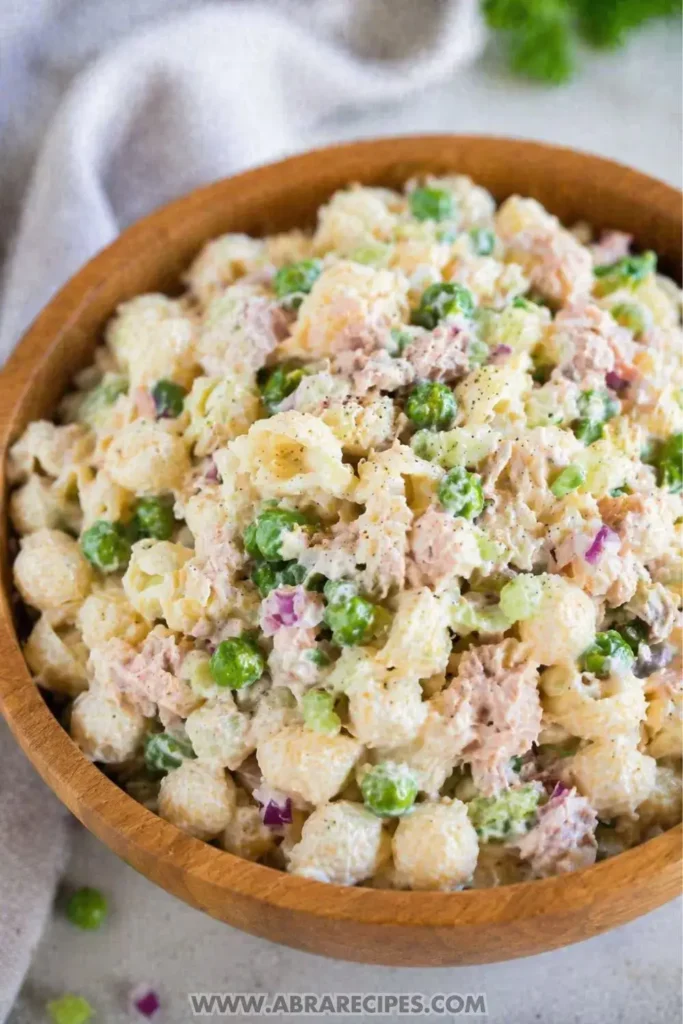 cold tuna pasta salad ready to serve with creamy texture