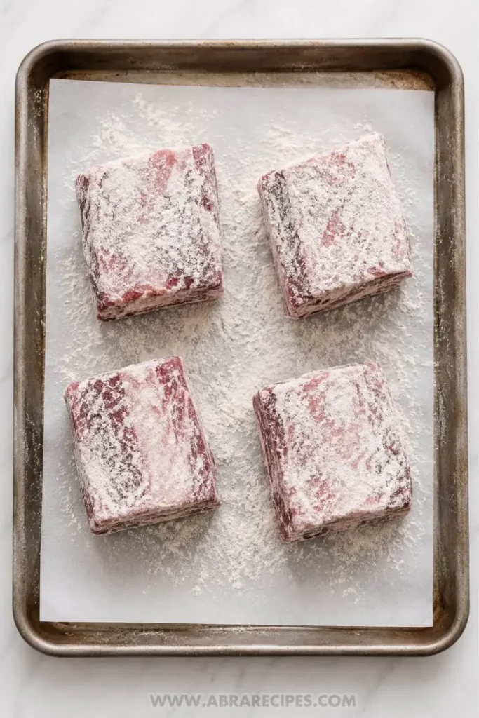 Four beef short ribs dredged in flour on a parchment-lined baking sheet before browning