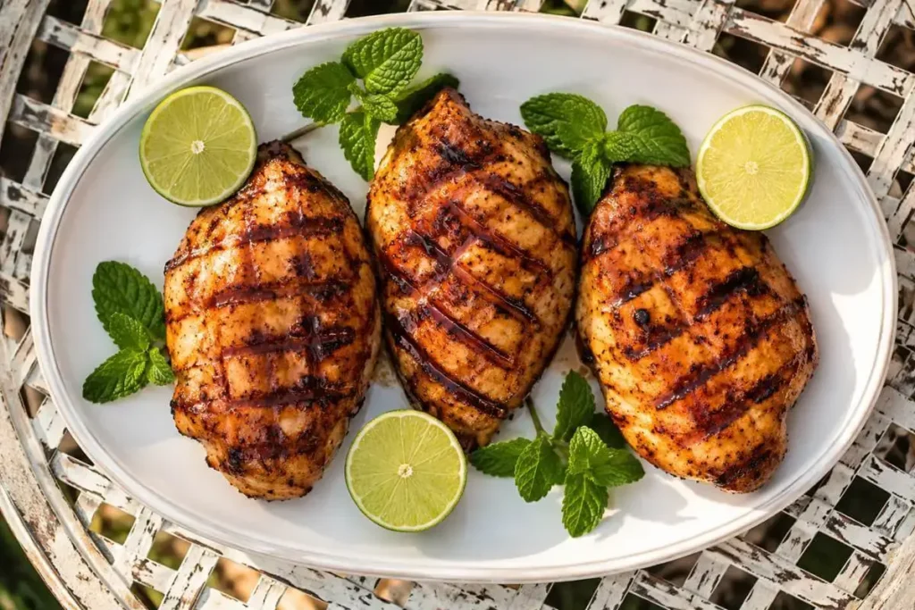 Juicy grilled honey lime chicken breasts on a white plate with lime slices and fresh herbs