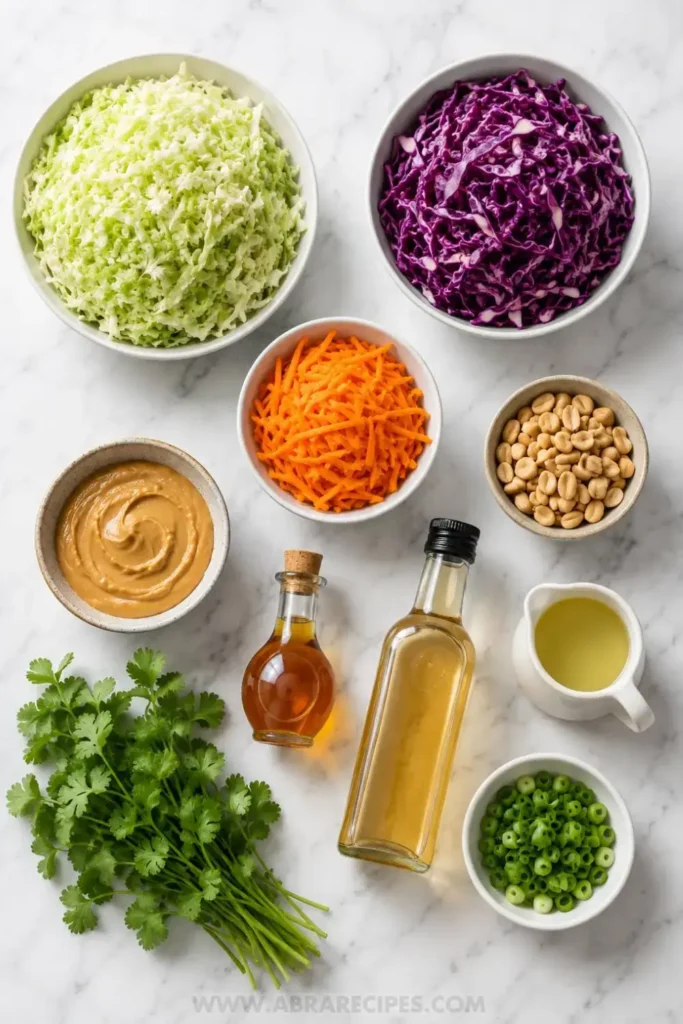 Ingredients for Asian coleslaw arranged on marble including cabbage, carrots, peanut butter, sesame oil, and rice vinegar